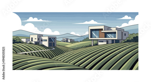 Modern homes nestled in rolling vineyards under a cloudy sky