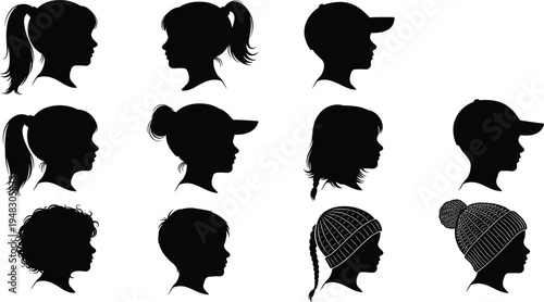  Silhouette heads vector illustration, diverse hairstyles and headwear, ponytails, buns, curly hair, hats, fashion concept, creative design artwork