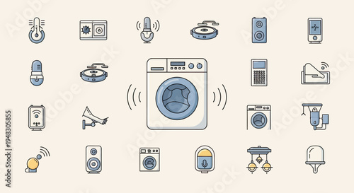 Icons of smart home appliances thermostat, tablet, microphone, robot, speaker, phone, thermometer, washer, camera, bell
