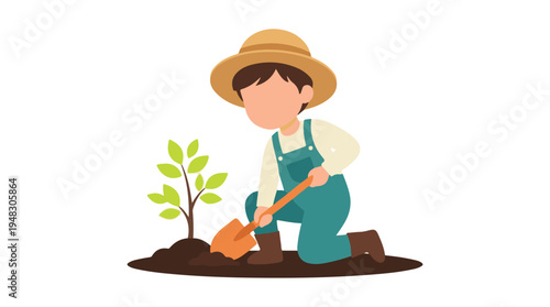 Cartoon illustration of young person planting a small tree with a shovel