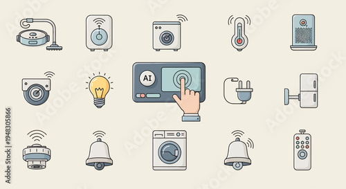 Smart home devices depicted as icons vacuum, speaker, washer, thermometer, air purifier, camera, light bulb, control panel, plug, fridge, sensor, bell, remote