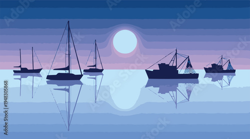 Minimalist twilight landscape with boats and full moon on calm water