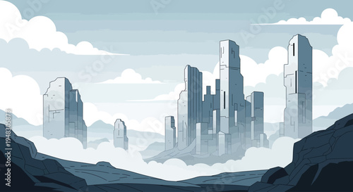 Geometric, monochrome landscape with towering structures piercing through soft, low-lying clouds