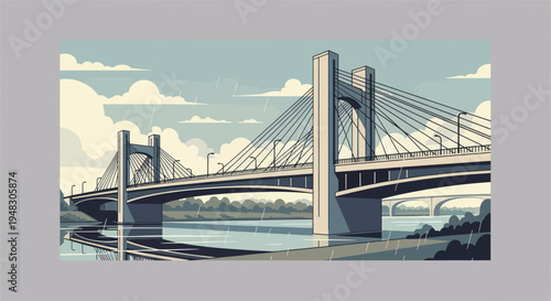 Modern cable-stayed bridge over water on a cloudy, rainy day