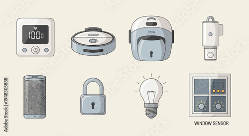 Collection of smart home devices, including a sensor, vacuum, lock, light, and camera