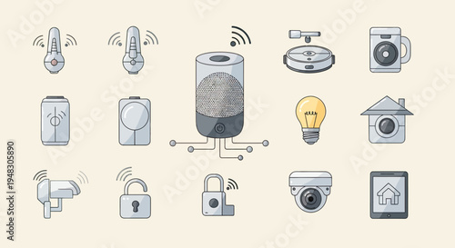 Assortment of smart home devices sensors, speaker, vacuum, bulb, locks, cameras, tablet