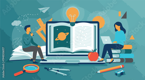 E-learning and online education concept with students, books, and digital tools