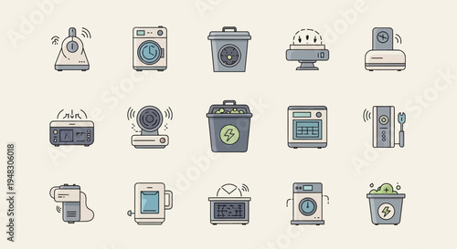 Various home appliances and gadgets are displayed in a clean, flat vector style