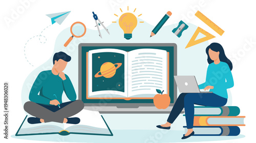 E-learning and online education concept with students gaining knowledge