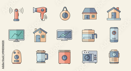 Assortment of stylized household and electronic items displayed in a grid