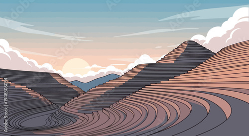 Stylized landscape with rolling hills and a sunset sky