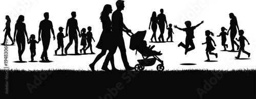 Family walking in park silhouettes set, parents with stroller children playing outdoor lifestyle people vector illustration collection