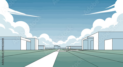 Modern city landscape with geometric buildings and expansive cloudy sky