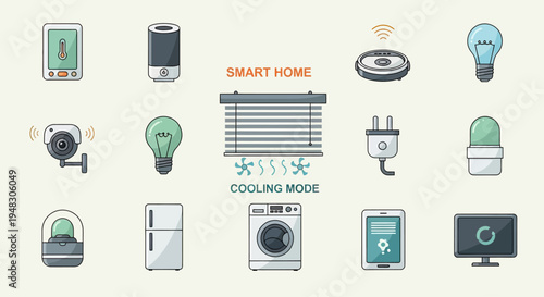 Smart home devices and appliances visualized in a clean, flat illustration