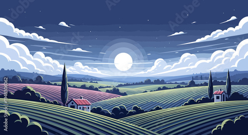 Rolling hills with striped fields, a house, and a bright sun at dusk