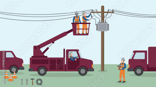 Electricians working on electricity pole with transformer and utility truck