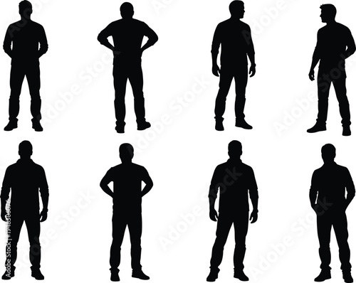 Human silhouettes in standing poses with varied orientations, body language gestures, vector illustration of posture and movement recognition
