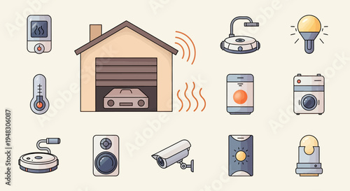 Smart home devices illustrated thermostat, thermometer, car in garage, robot, light, phone, dryer, speaker, camera, lamp