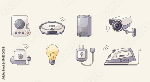 Eight modern smart home devices depicted as simple line art icons
