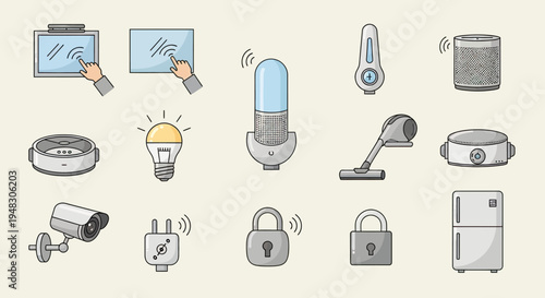 Collection of smart home devices including touchscreens, speakers, locks, cameras, and appliances