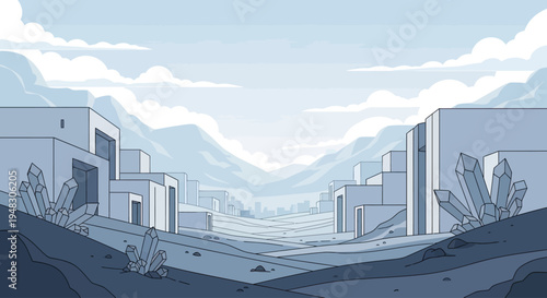 A minimalist, futuristic city with towering crystalline structures and layered mountains