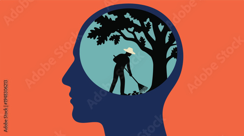 Mental Clarity and Decluttering Mind Concept, Person Raking Leaves in Head