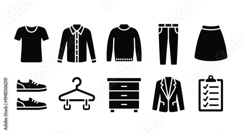 Clothing wardrobe icons apparel fashion solid style vector