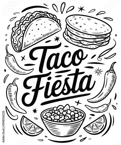 Taco Fiesta Illustration with Mexican Food Elements and Chili Peppers Hand Drawn Stock Style
