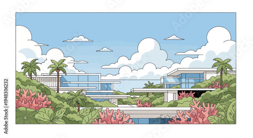 Modern coastal villa surrounded by lush vegetation under a cloudy sky