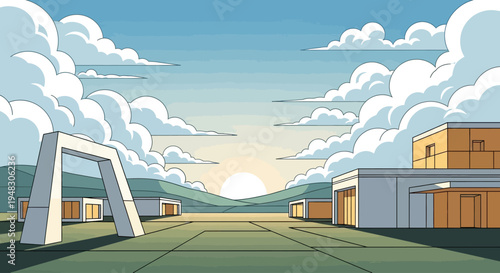 A minimalist, geometric landscape with modern buildings and a sunrise