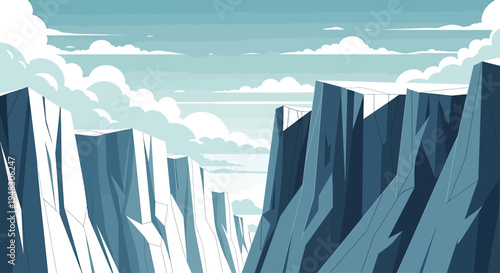 Jagged ice cliffs under a vast sky with scattered clouds