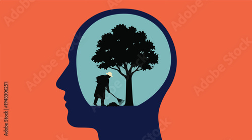 Mind Tending: Silhouette of Person Raking Leaves Under a Tree within a Head