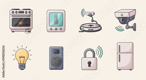 Household icons stove, thermostat, robot vacuum, camera, light, speaker, lock, fridge