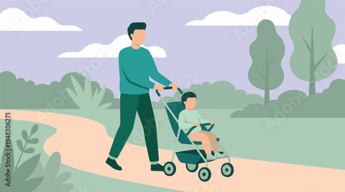 Father pushing child in stroller in park, minimalist illustration