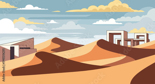 Modern desert landscape with dunes and minimalist structures under a cloudy sky