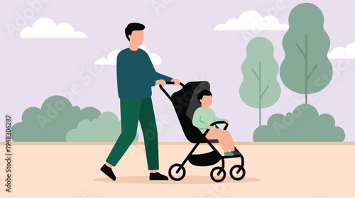 Father walking with child in a stroller in a park, minimalist style.