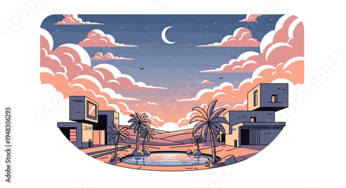 Desert oasis with modern architecture at twilight