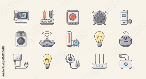Collection of illustrated smart home devices including appliances, sensors, and electronics