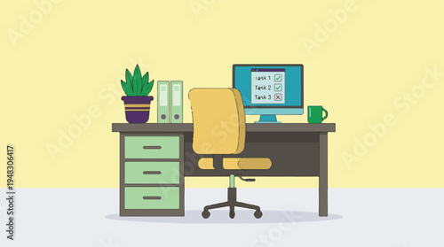 Minimalist Home Office Workspace with Computer Monitor Showing To-Do List