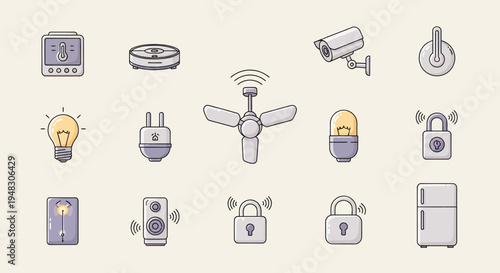 Collection of smart home devices and security icons on a neutral background