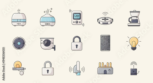 A collection of smart home devices and icons, including humidifiers, a robot vacuum, and security items