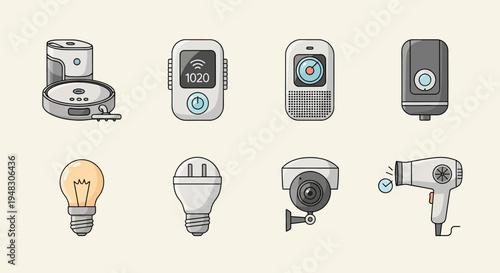 A collection of smart home devices, including a vacuum, camera, and hair dryer