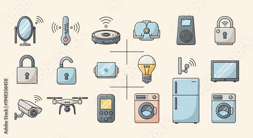 Assortment of smart home devices, including security cameras, locks, and appliances