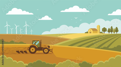 Agricultural landscape with tractor plowing field, farm, and wind turbines