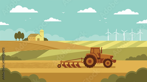 Agricultural landscape with tractor plowing fields and wind turbines