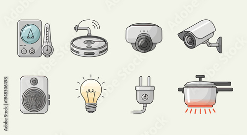Collection of modern appliances timer, robot vacuum, cameras, speaker, bulb, plug, pot