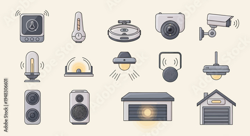 Various smart home devices including cameras, speakers, lights, and a garage door opener