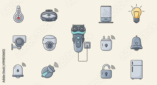 Collection of smart home devices, including sensors, security, and appliances