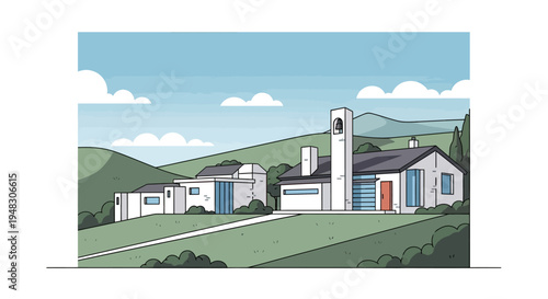 Modern white buildings with a bell tower stand on a green hillside under a blue sky