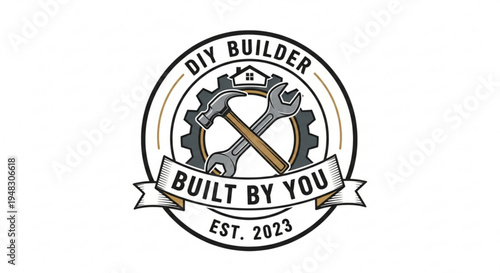 Diy builder logo with wrench and gear emblem built by you est 2023